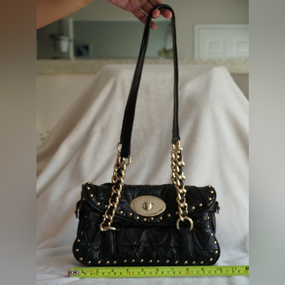 Tosca Blu Black and Gold Quilted Leather Shoulder Bag with Chain Straps